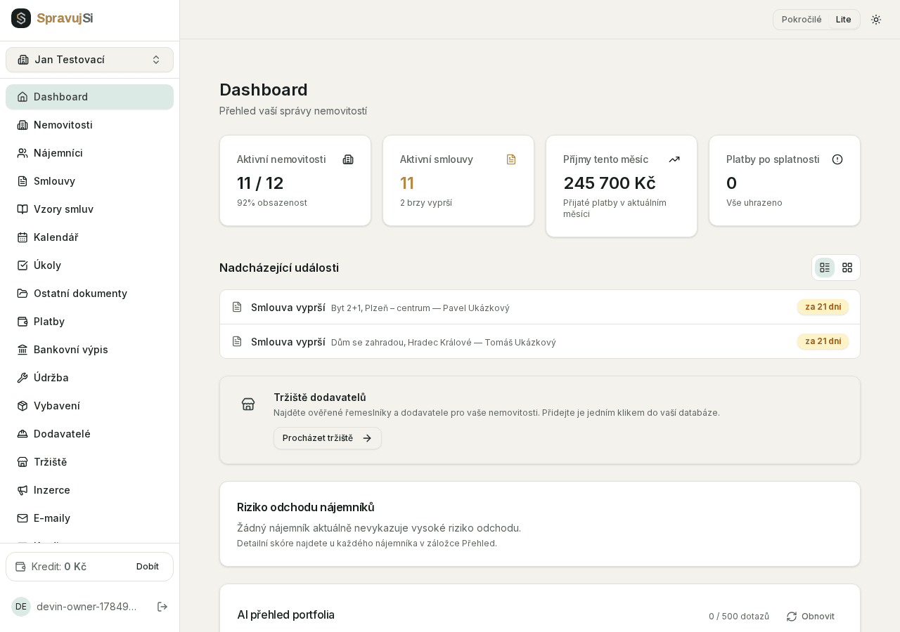 Přehledový dashboard SpravujSi s aktivním portfoliem