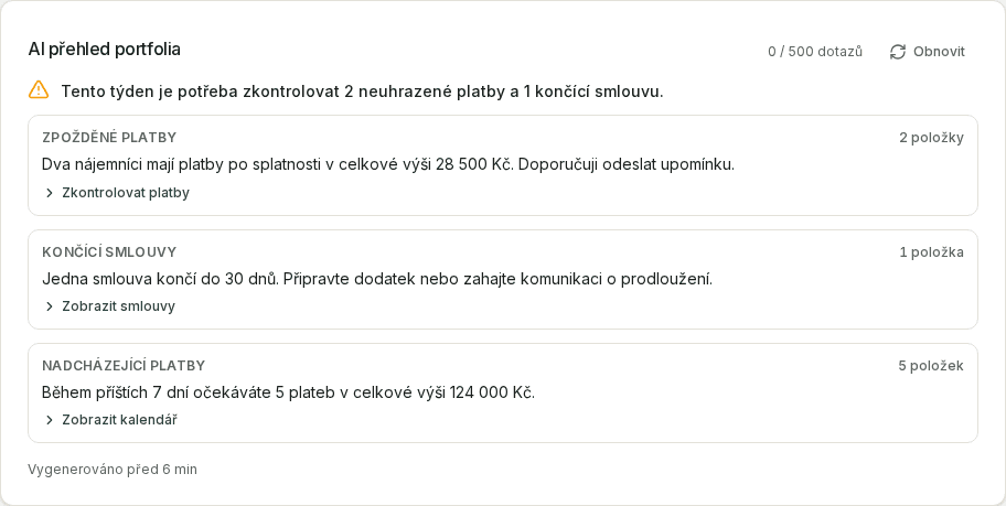 AI ranní přehled portfolia v dashboardu
