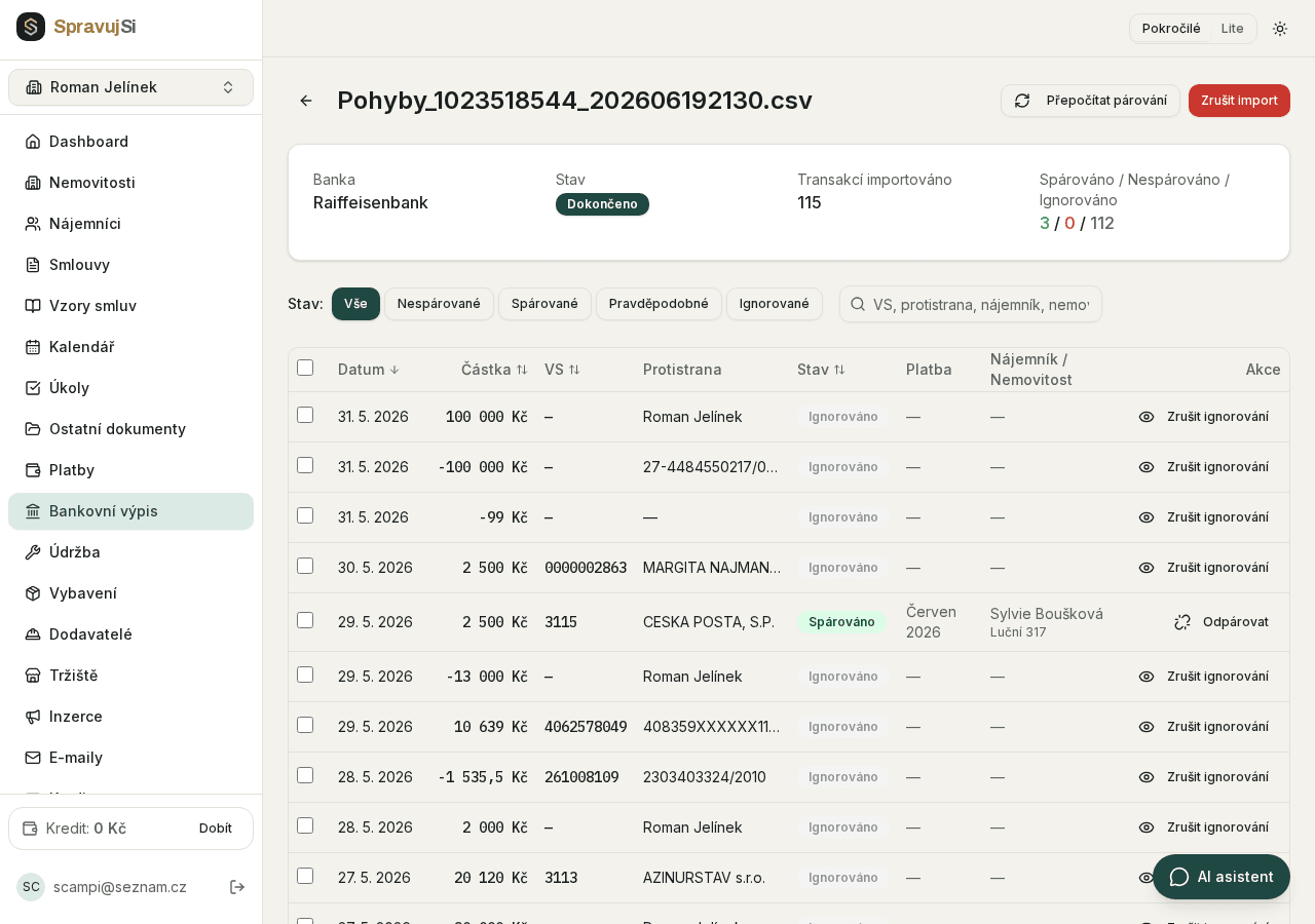 Reálný screenshot z aplikace — Platby a banka