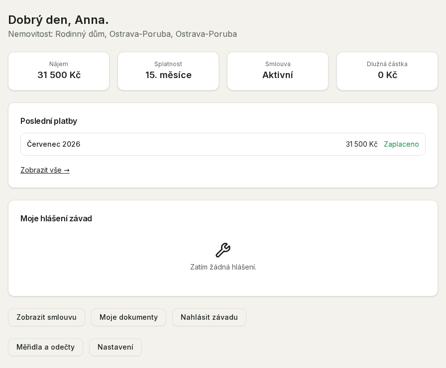 Reálný screenshot z aplikace — Nájemnický portál